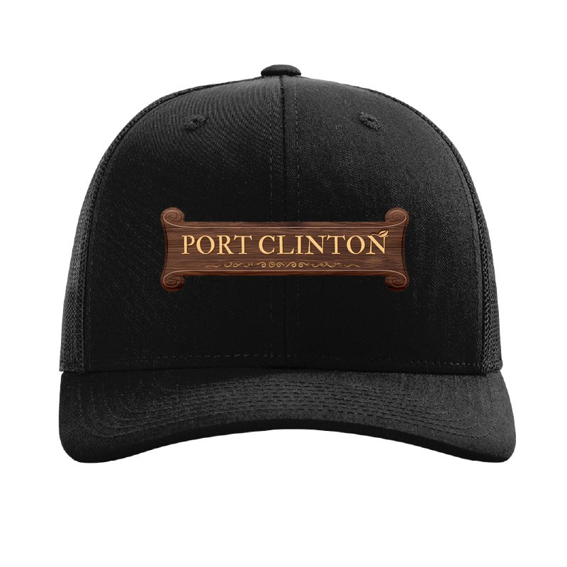Port Clinton carved banner patch on a Richardson 112 trucker hat, Black