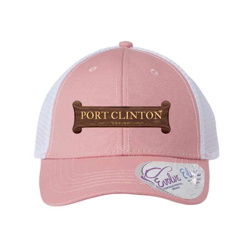 Port Clinton carved banner patch on an Infinity Charlie ponytail cap, Dusty Rose/White