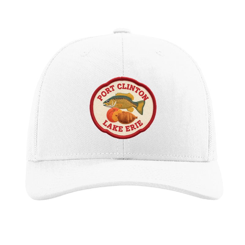Port Clinton Lake Erie patch on a Richardson 112 trucker hat, White