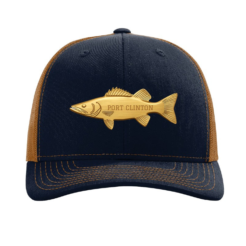Port Clinton walleye patch on a Richardson 112 trucker hat, Navy/Caramel
