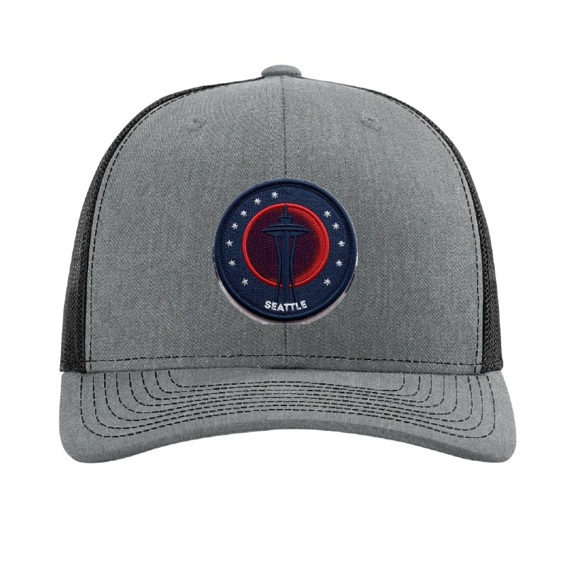 Embroidered blood moon patch trucker hat, Seattle lunar eclipse — Heather Grey/Black