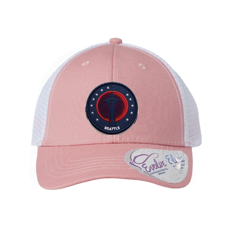 Embroidered blood moon patch trucker hat, Seattle lunar eclipse — Dusty Rose/White (Ponytail)