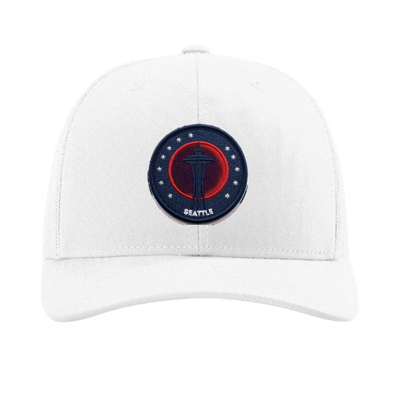 Embroidered blood moon patch trucker hat, Seattle lunar eclipse — White
