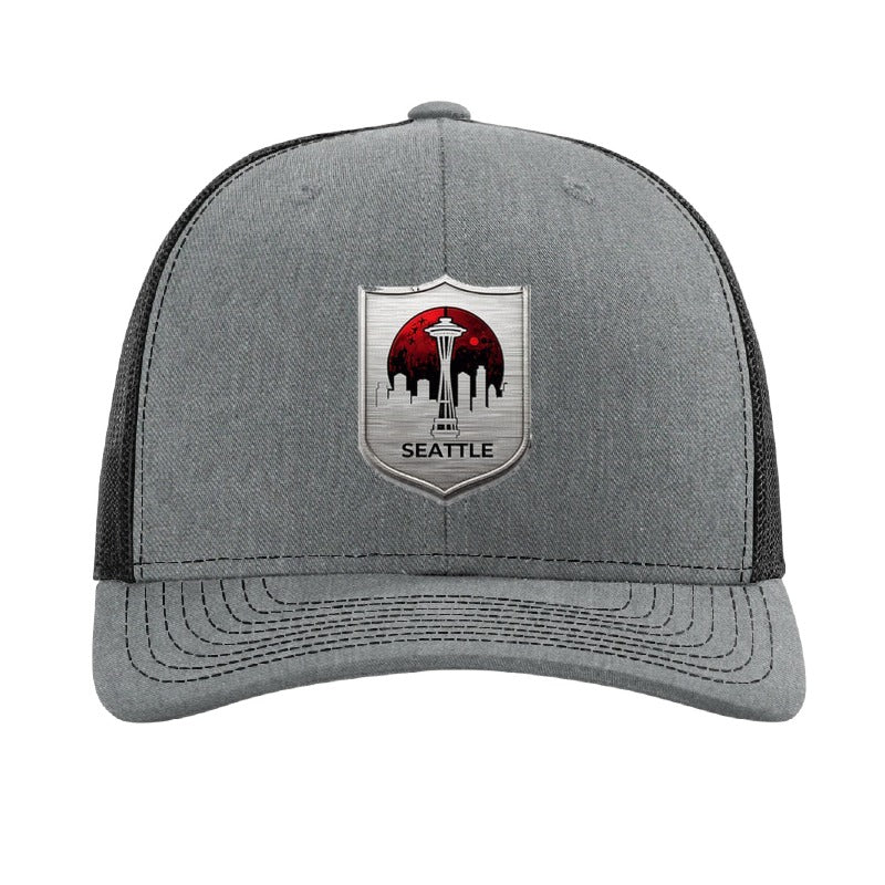 Metal moon and skyline shield patch trucker hat, Seattle eclipse — Heather Grey/Black