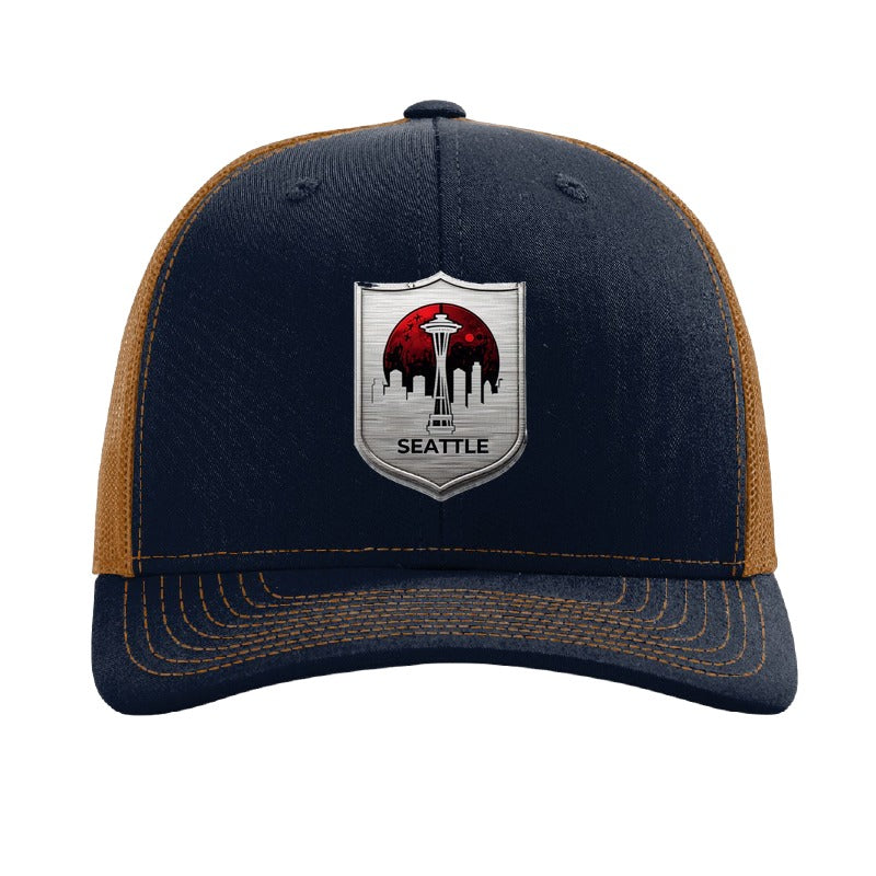 Metal moon and skyline shield patch trucker hat, Seattle eclipse — Navy/Caramel