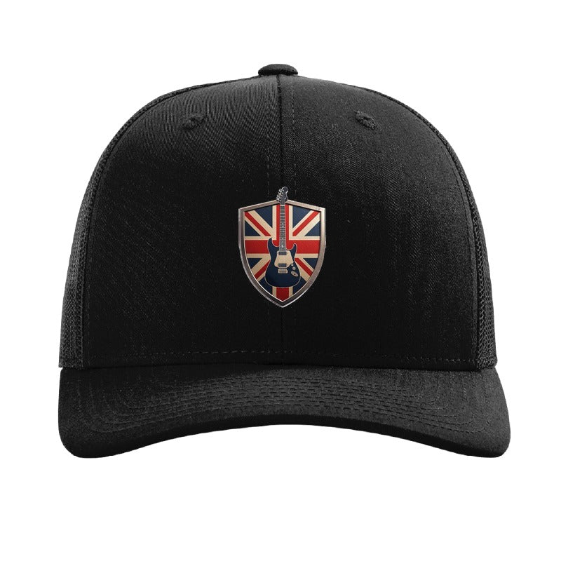 Metal electric guitar shield patch trucker hat, Union Jack — Black