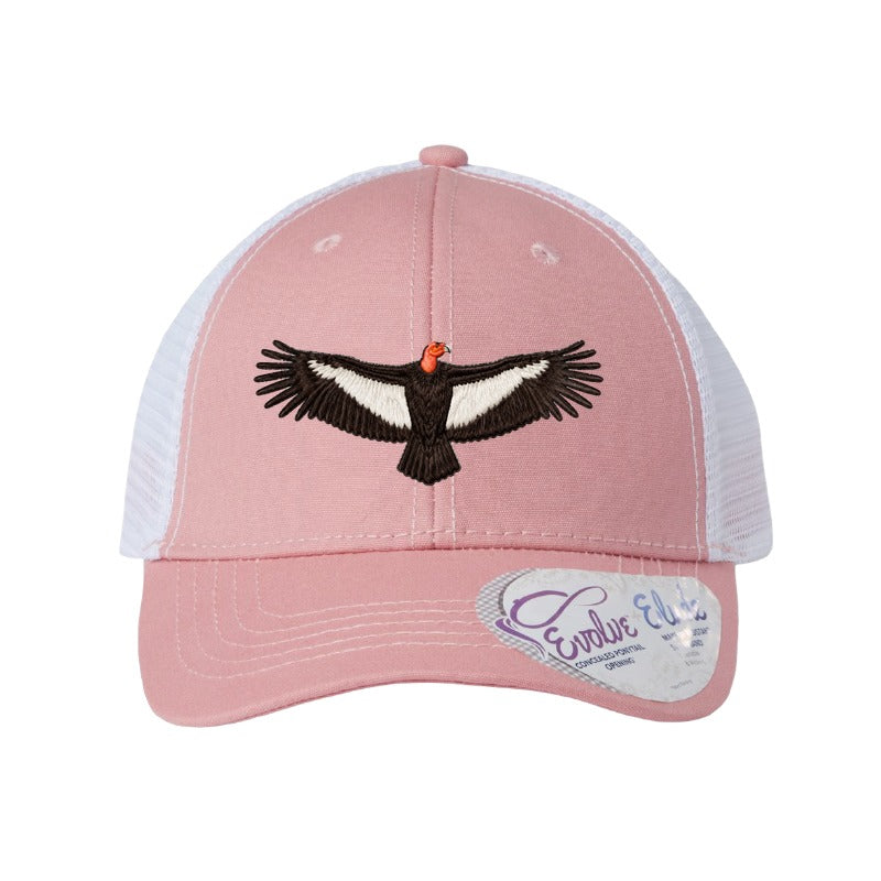 Embroidered condor patch trucker hat, Vermilion Cliffs Arizona - Dusty Rose/White Ponytail