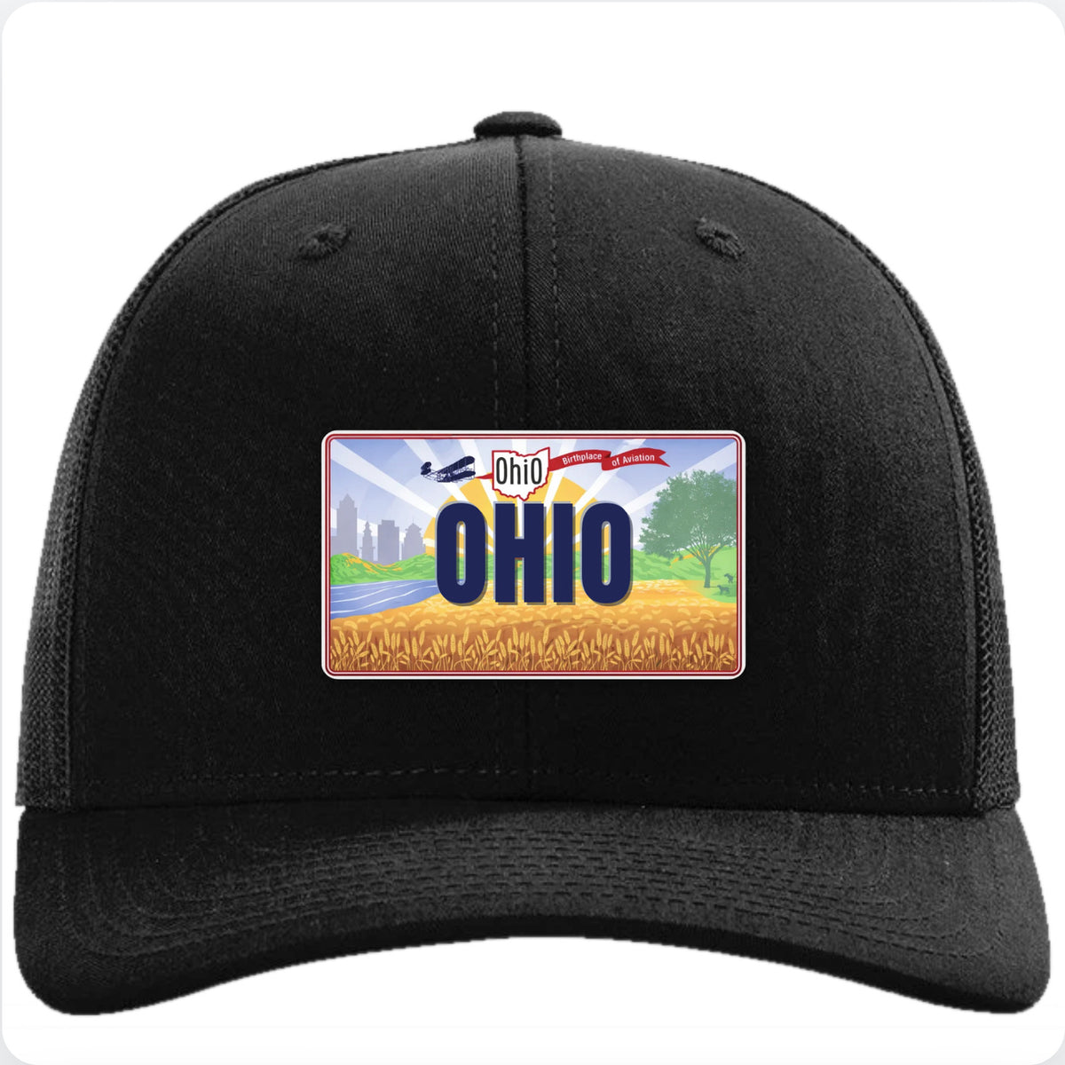 Black Richardson 112 trucker hat with an Ohio scenic license plate patch reading OHIO.