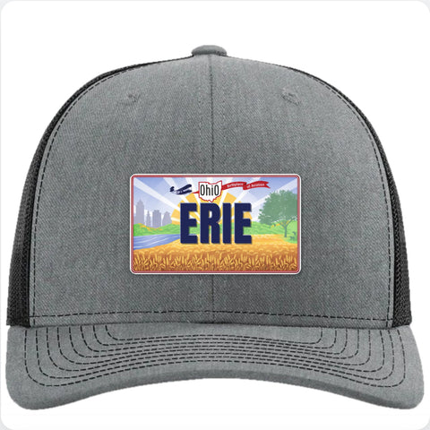 Heather grey and black Richardson 112 trucker hat with an Ohio scenic license plate patch reading ERIE.