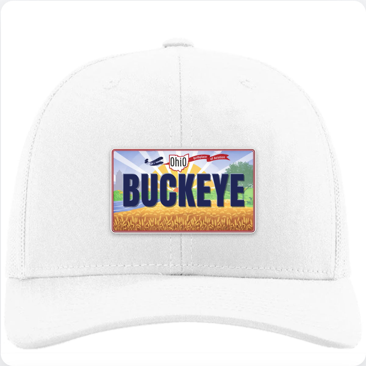 White Richardson 112 trucker hat with an Ohio scenic license plate patch reading BUCKEYE.