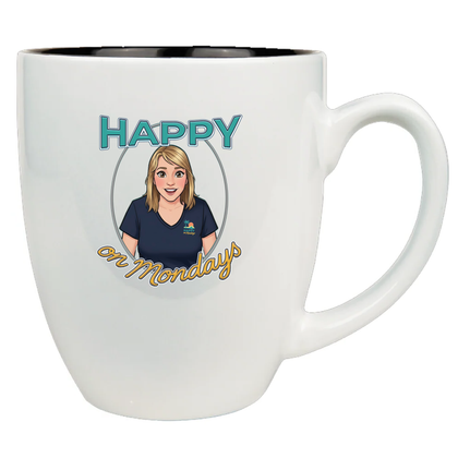 Happy On Monday cartoon logo mug, white