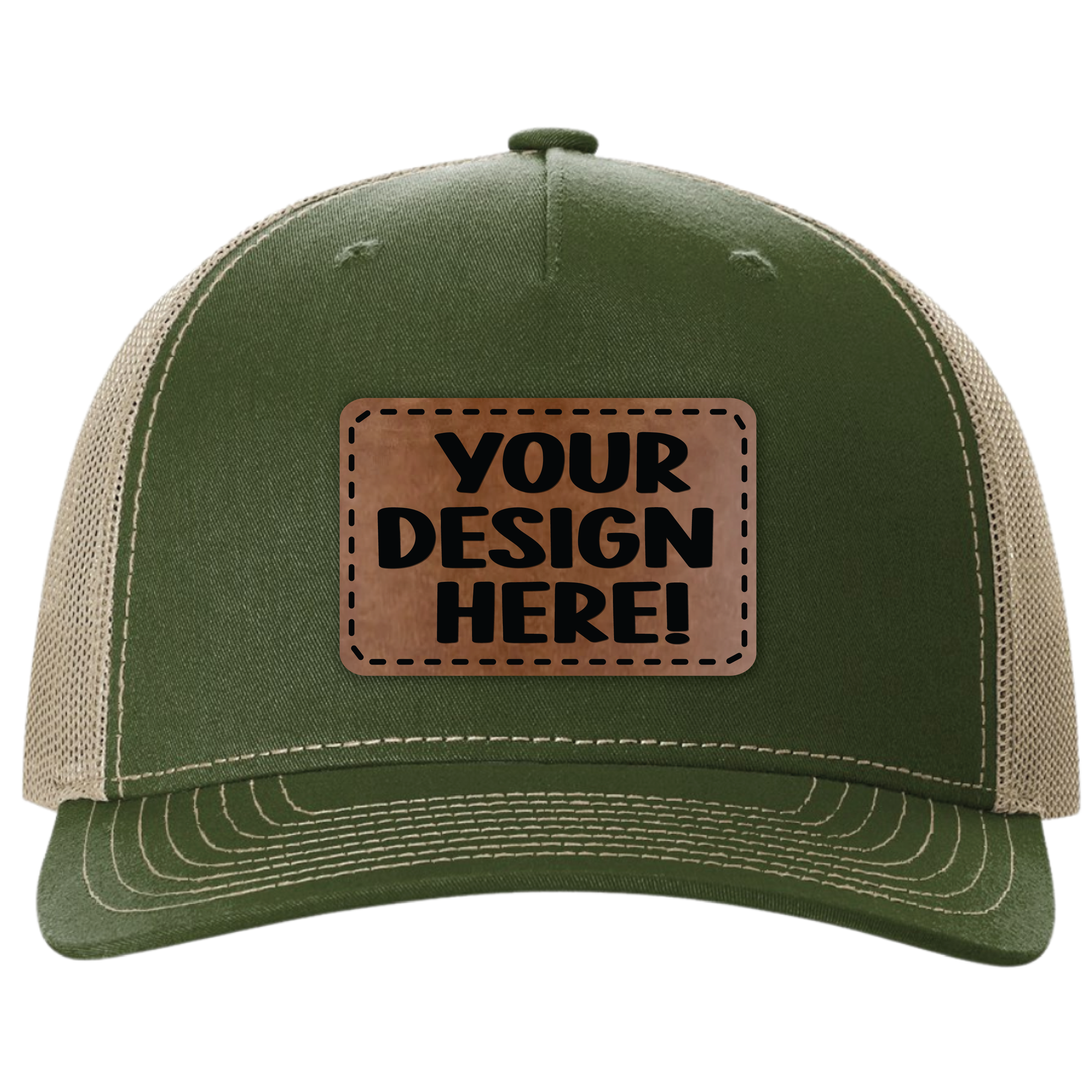 Green and beige trucker cap with a brown leather patch that says 'Your Design Here'.