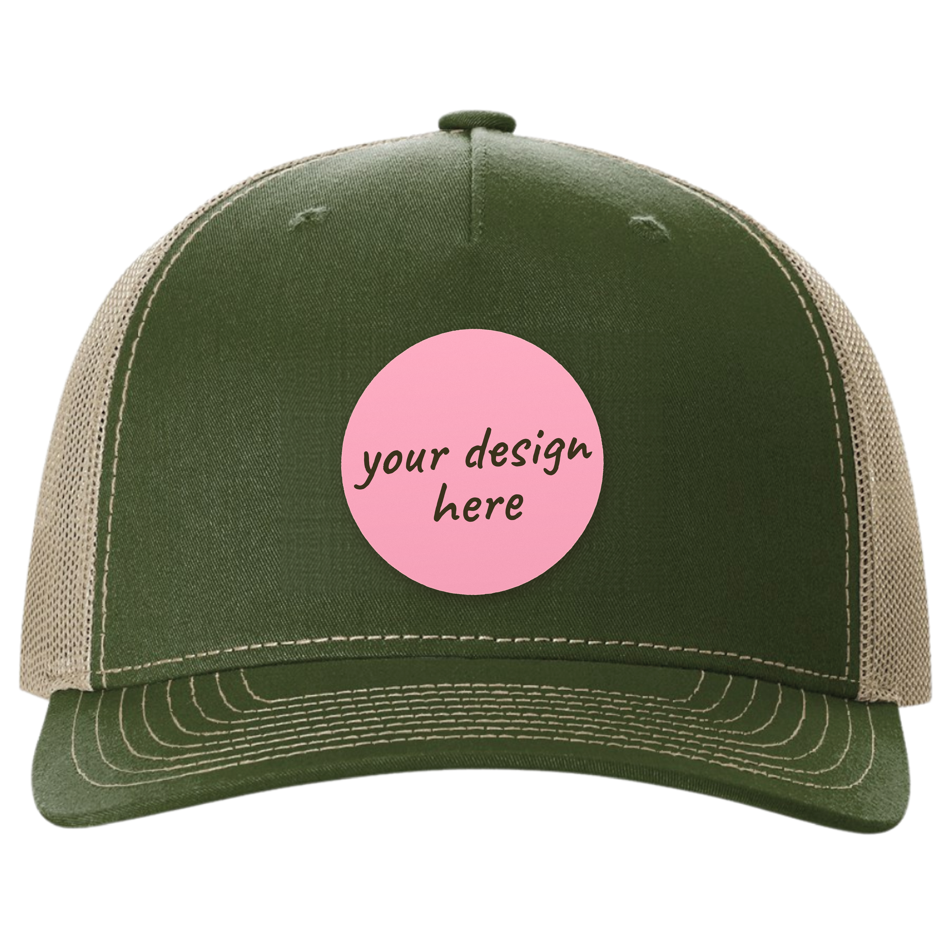 Green and beige trucker cap with a brown leather patch that says 'Your Design Here'.