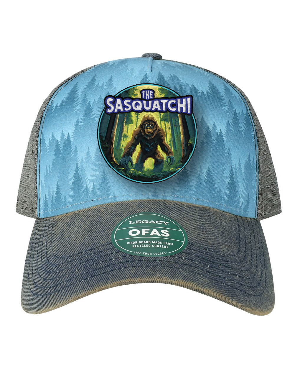 Bigfoot Sasquatch Hat | Pacific Northwest Hiking | Deep Forest Legacy Trucker Cap | Custom UV Printed Leather Patch