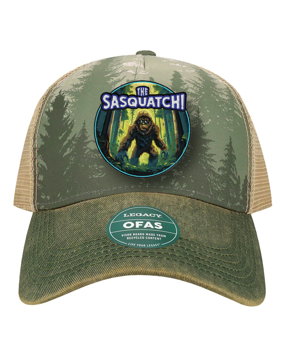 Bigfoot Sasquatch Hat | Pacific Northwest Hiking | Deep Forest Legacy Trucker Cap | Custom UV Printed Leather Patch