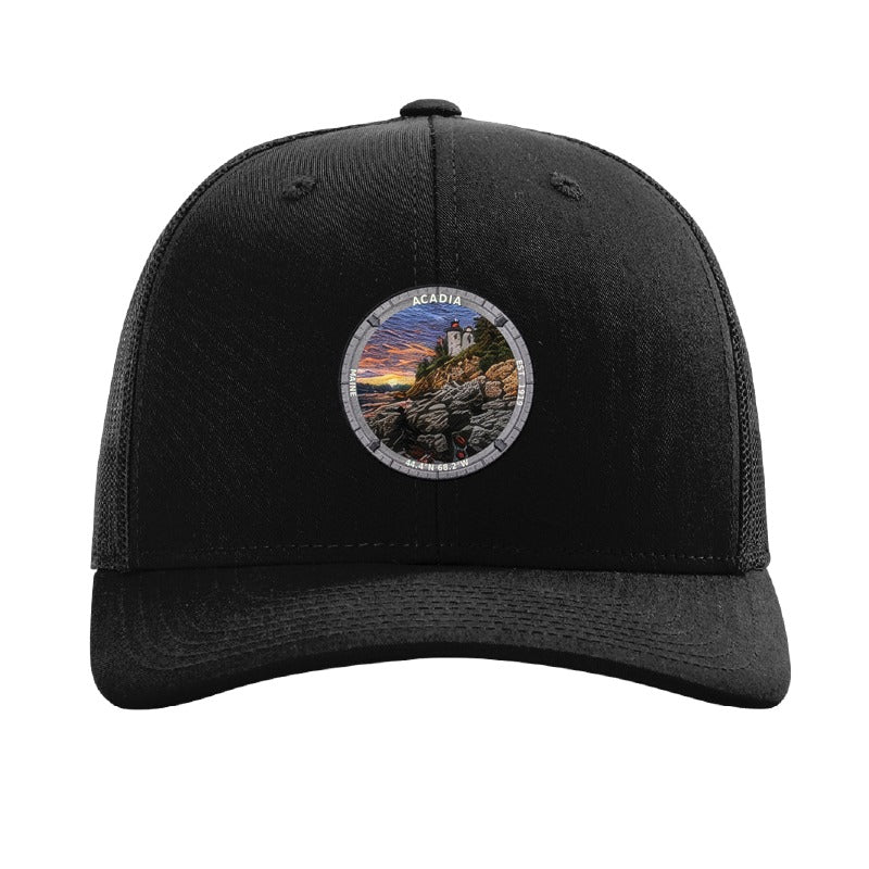 Acadia National Park patch hat in Black — Bass Harbor Head Lighthouse badge on a Richardson 112 trucker cap