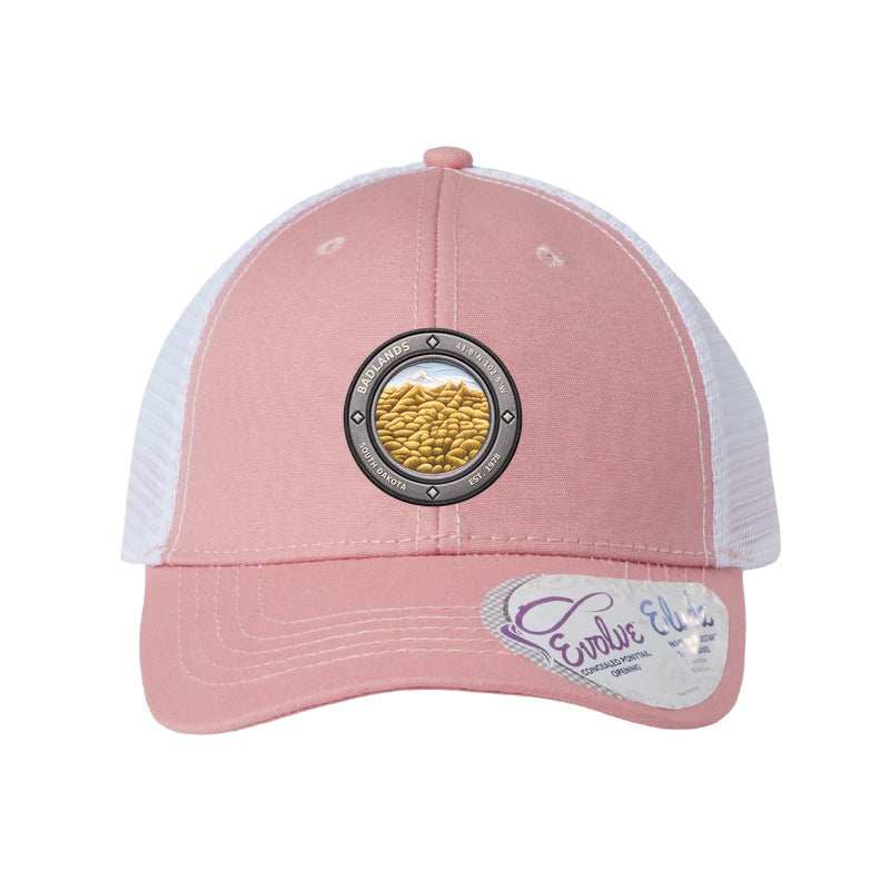 Badlands National Park patch hat — Dusty Rose/White (Ponytail)