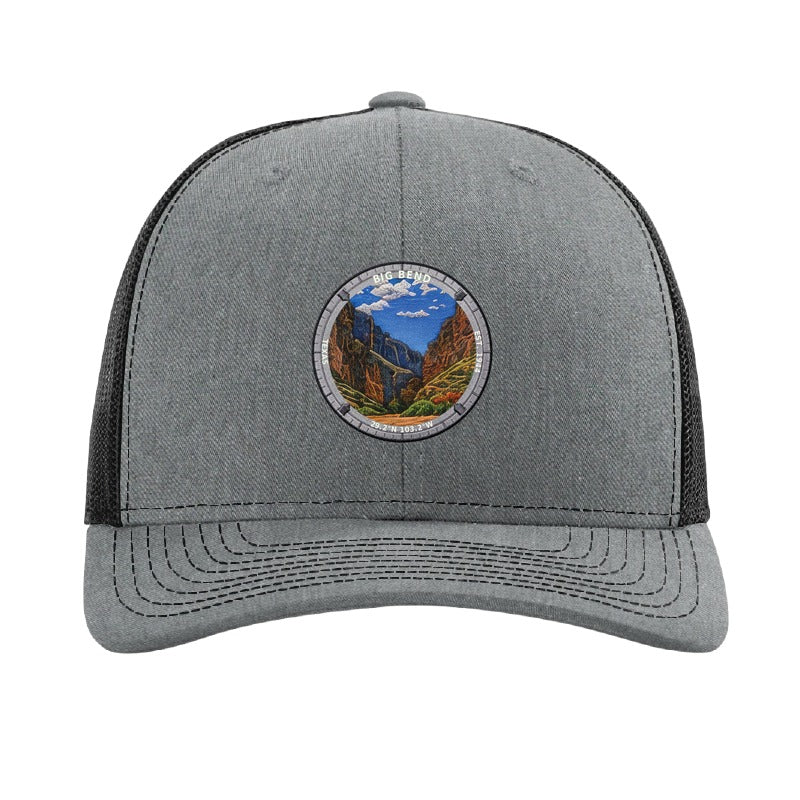 Big Bend National Park patch hat in Heather Grey/Black — Santa Elena Canyon badge on a Richardson 112 trucker cap