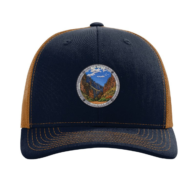 Big Bend National Park patch hat in Navy/Caramel — Santa Elena Canyon badge on a Richardson 112 trucker cap