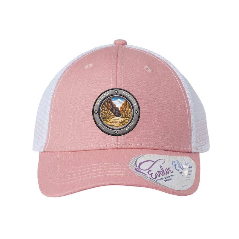 Big Bend National Park patch hat — Dusty Rose/White (Ponytail)