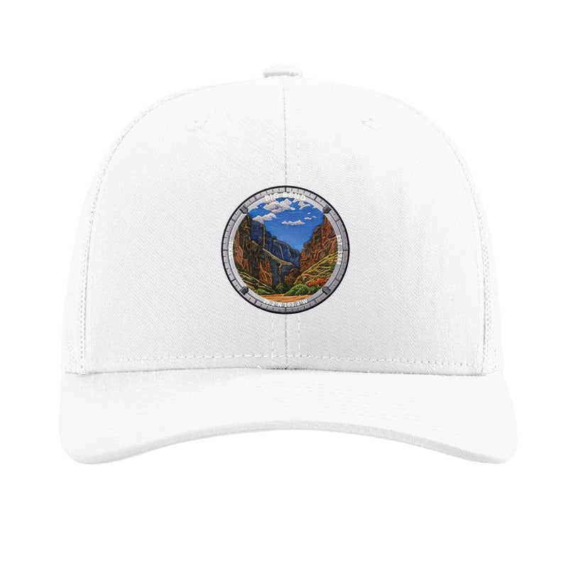 Big Bend National Park patch hat in White — Santa Elena Canyon badge on a Richardson 112 trucker cap