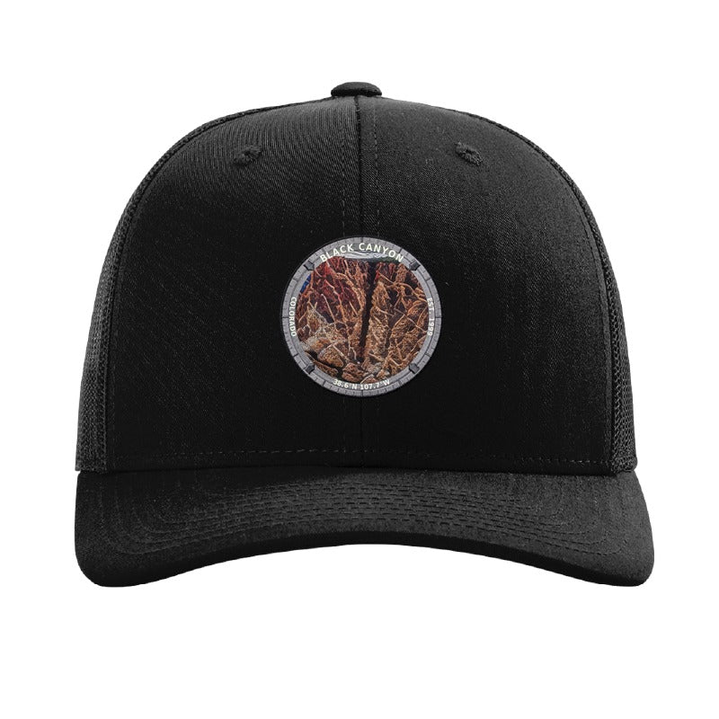 Black Canyon National Park patch hat in Black — the Painted Wall badge on a Richardson 112 trucker cap