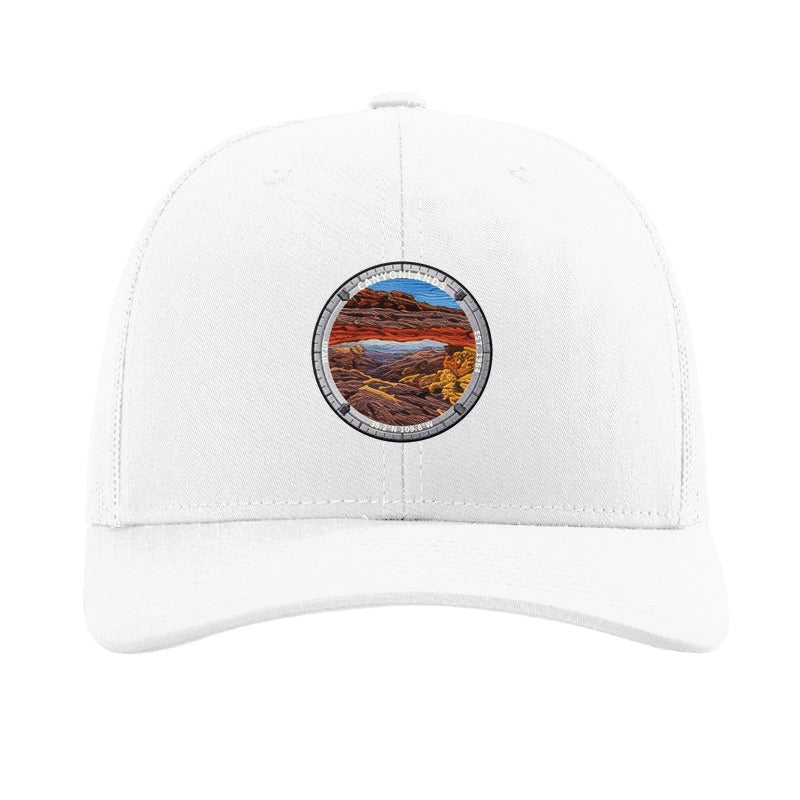 Canyonlands National Park patch hat in White — Mesa Arch badge on a Richardson 112 trucker cap