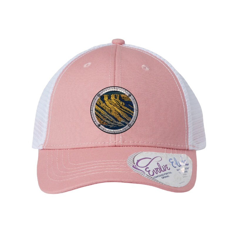 Capitol Reef National Park patch hat in Dusty Rose/White — folded sandstone strata badge on an Infinity Charlie ponytail cap