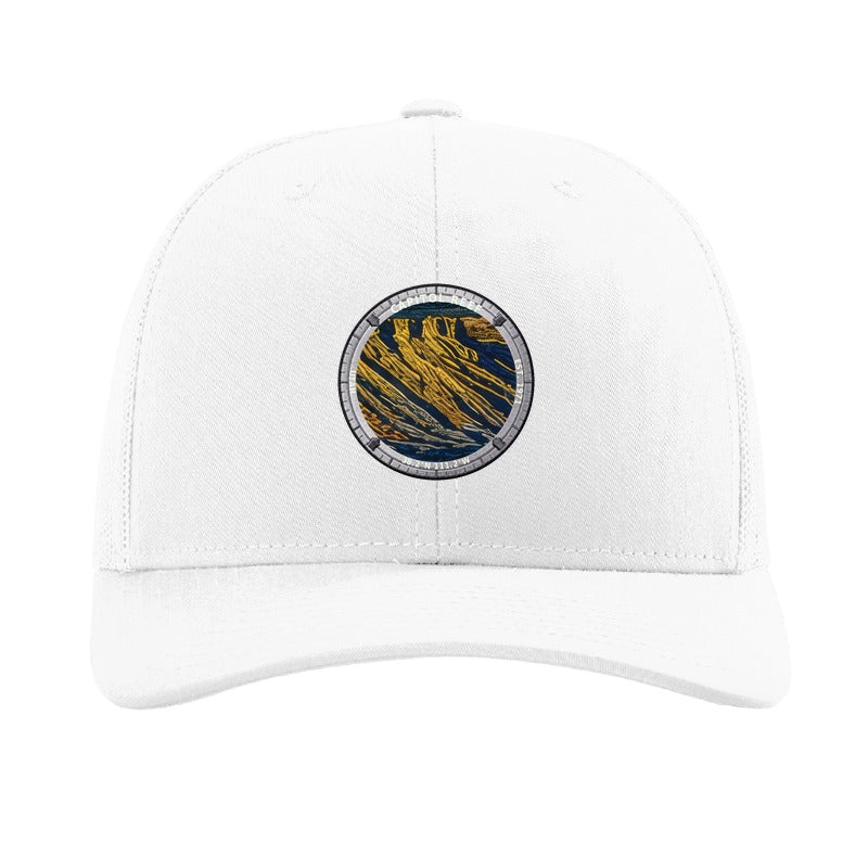 Capitol Reef National Park patch hat in White — folded sandstone strata badge on a Richardson 112 trucker cap