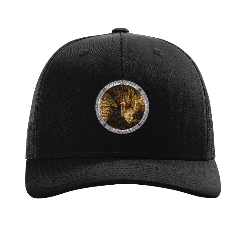 Carlsbad Caverns National Park patch hat in Black — Big Room cave formations badge on a Richardson 112 trucker cap