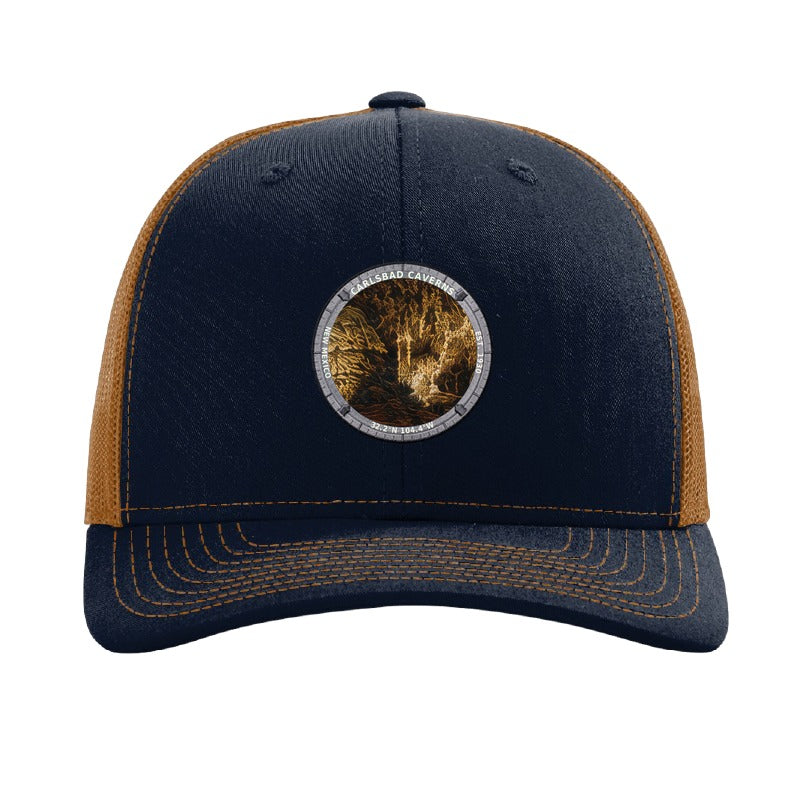 Carlsbad Caverns National Park patch hat in Navy/Caramel — Big Room cave formations badge on a Richardson 112 trucker cap