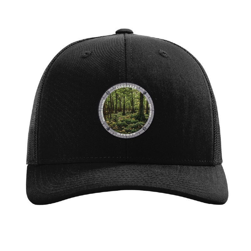 Congaree National Park patch hat in Black — bald cypress forest badge on a Richardson 112 trucker cap
