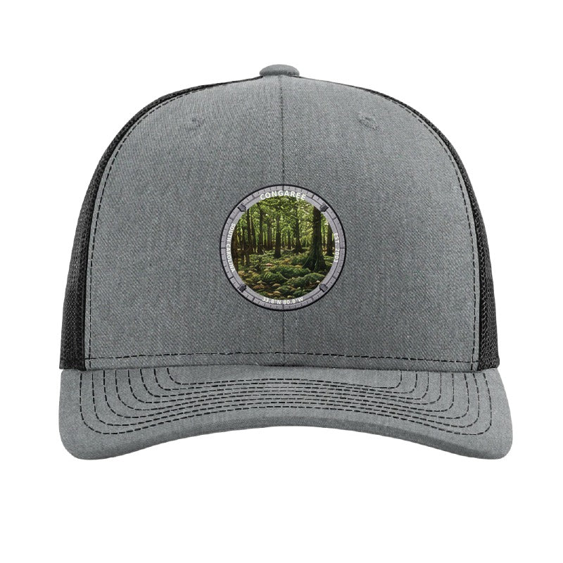 Congaree National Park patch hat in Heather Grey/Black — bald cypress forest badge on a Richardson 112 trucker cap