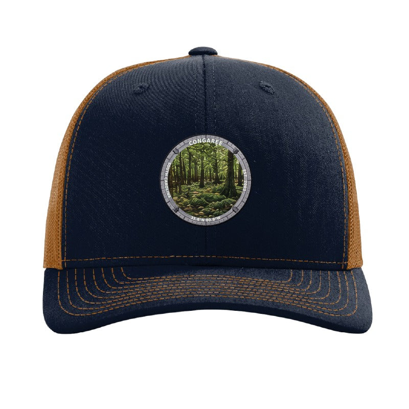 Congaree National Park patch hat in Navy/Caramel — bald cypress forest badge on a Richardson 112 trucker cap