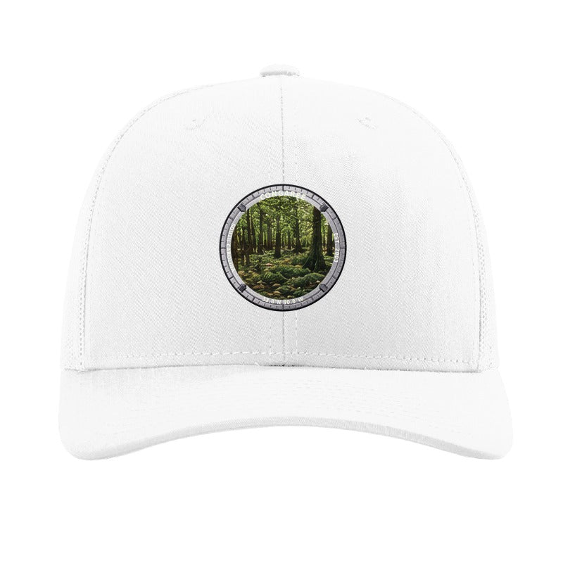 Congaree National Park patch hat in White — bald cypress forest badge on a Richardson 112 trucker cap