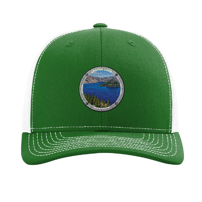 Crater Lake National Park patch hat in Kelly Green/White — Wizard Island badge on a Richardson 112 trucker cap