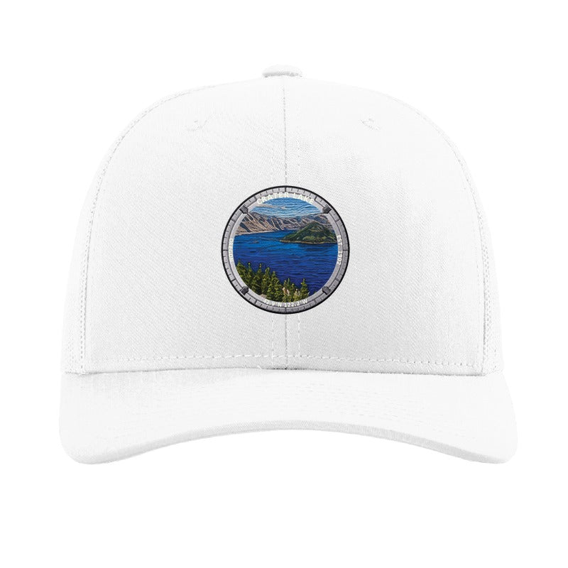 Crater Lake National Park patch hat in White — Wizard Island badge on a Richardson 112 trucker cap