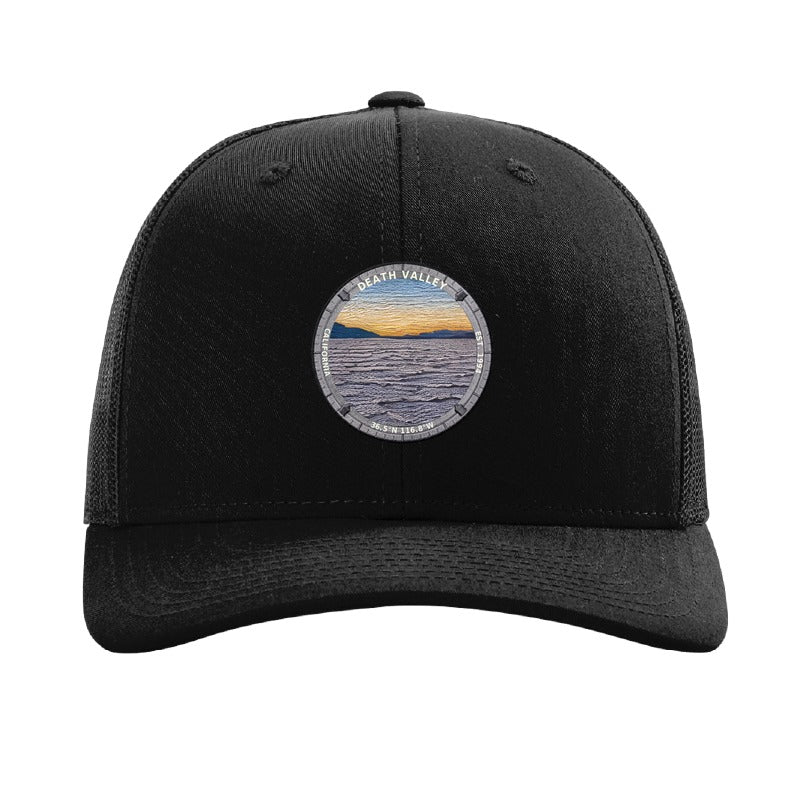 Death Valley National Park patch hat in Black — Badwater Basin salt flats badge on a Richardson 112 trucker cap
