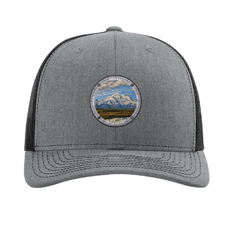 Denali National Park patch hat in Heather Grey/Black — Denali above a braided river badge on a Richardson 112 trucker cap