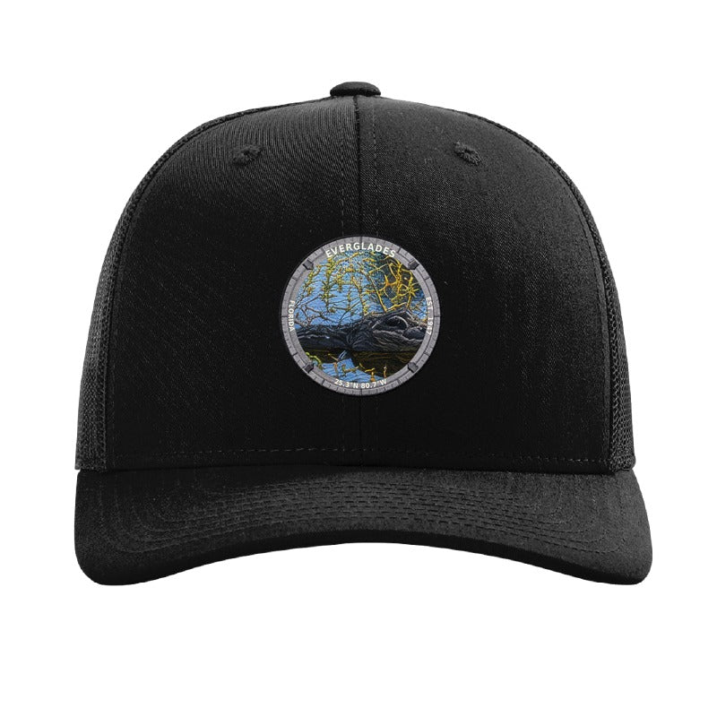 Everglades National Park patch hat in Black — alligator in the sawgrass badge on a Richardson 112 trucker cap