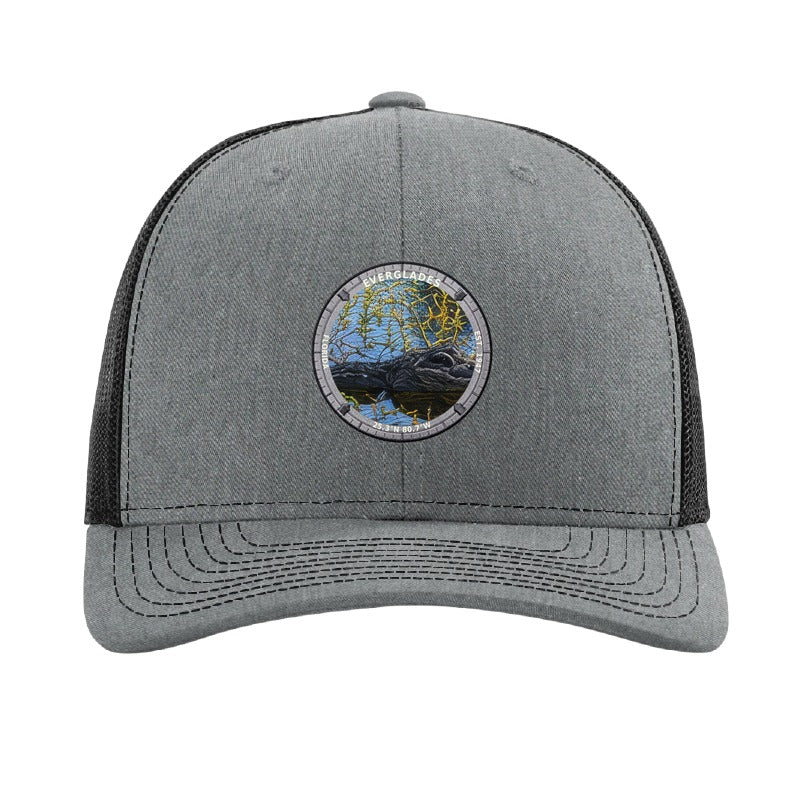 Everglades National Park patch hat in Heather Grey/Black — alligator in the sawgrass badge on a Richardson 112 trucker cap