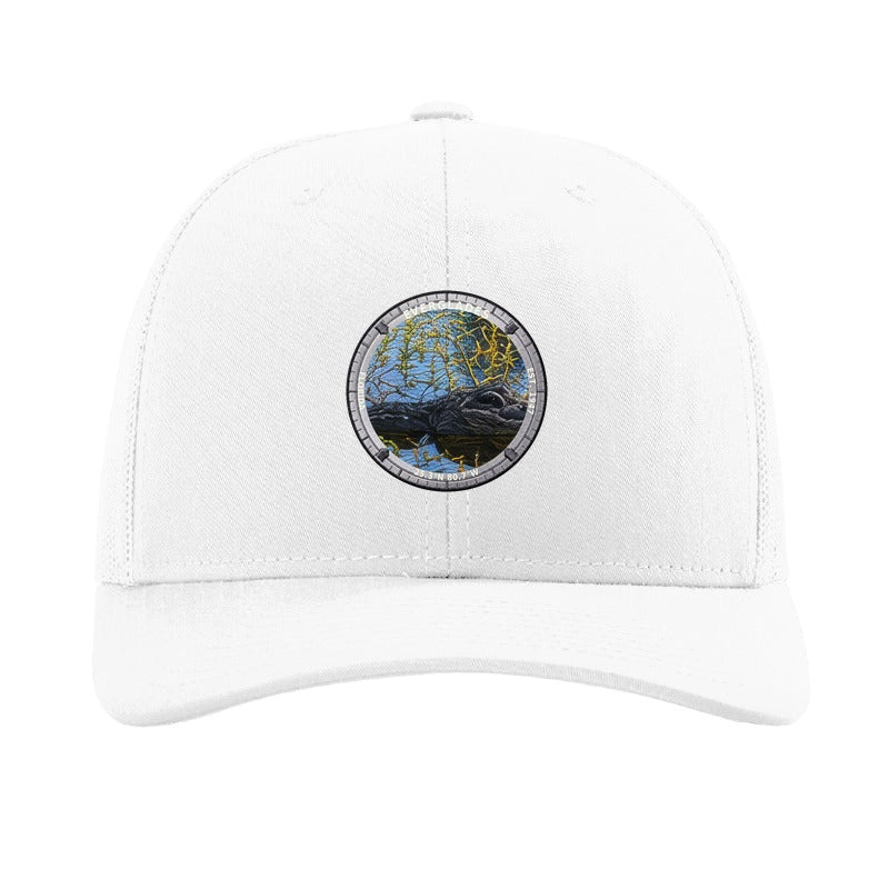 Everglades National Park patch hat in White — alligator in the sawgrass badge on a Richardson 112 trucker cap