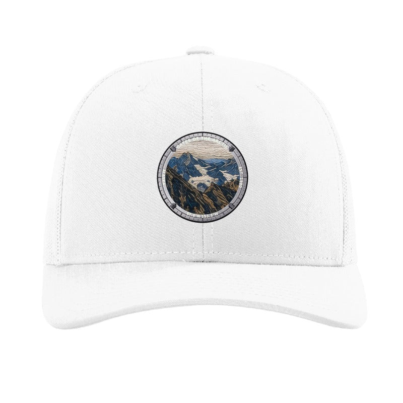 Gates of the Arctic National Park patch hat in White — Brooks Range peaks badge on a Richardson 112 trucker cap