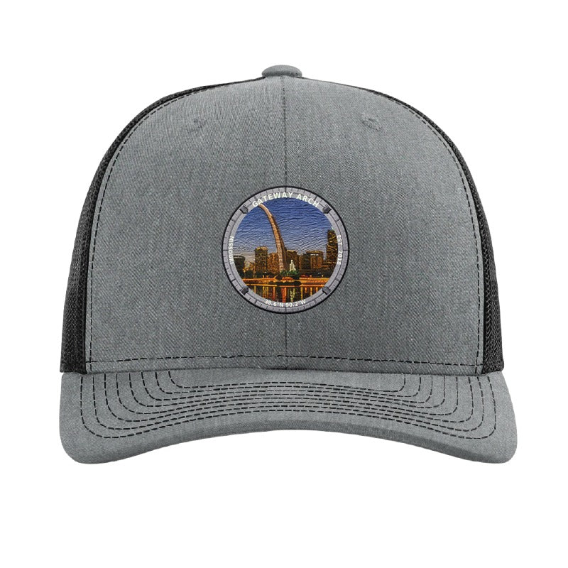Gateway Arch National Park patch hat in Heather Grey/Black — the Gateway Arch over St. Louis badge on a Richardson 112 trucker cap