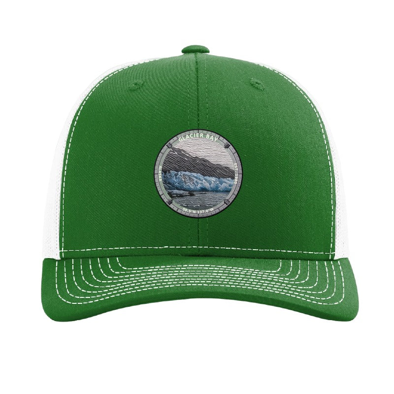 Glacier Bay National Park patch hat in Kelly Green/White — tidewater glacier badge on a Richardson 112 trucker cap