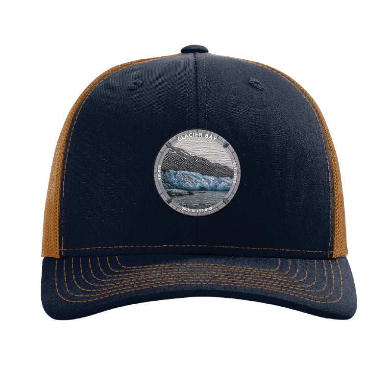 Glacier Bay National Park patch hat in Navy/Caramel — tidewater glacier badge on a Richardson 112 trucker cap