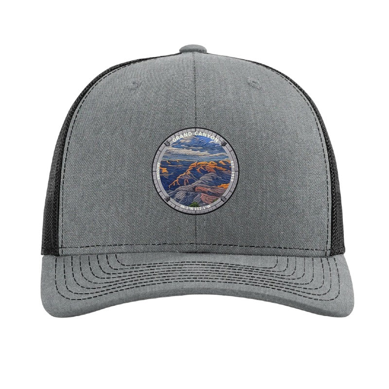 Grand Canyon National Park patch hat in Heather Grey/Black — South Rim at sunset badge on a Richardson 112 trucker cap