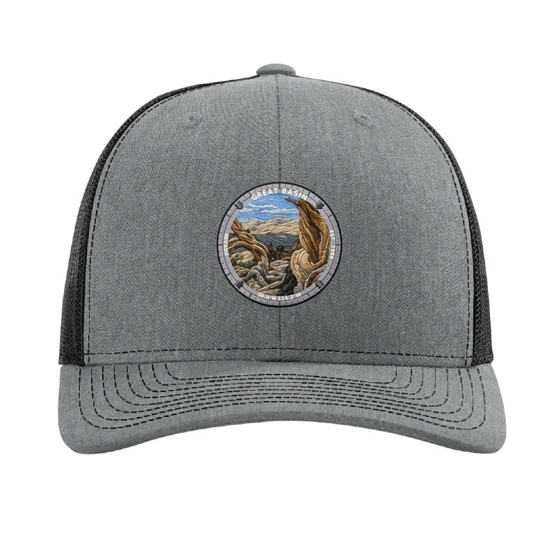 Great Basin National Park patch hat in Heather Grey/Black — ancient bristlecone pine badge on a Richardson 112 trucker cap
