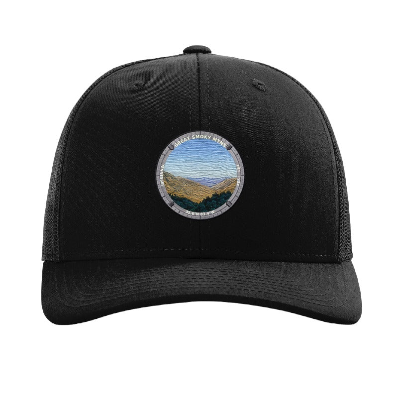 Great Smoky Mountains National Park patch hat in Black — layered blue ridges badge on a Richardson 112 trucker cap