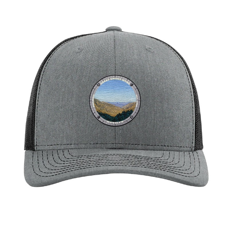 Great Smoky Mountains National Park patch hat in Heather Grey/Black — layered blue ridges badge on a Richardson 112 trucker cap